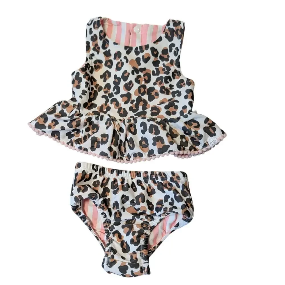 MUD PIE Reversible leopard & pink striped swimsit set; flounce; 6 mos